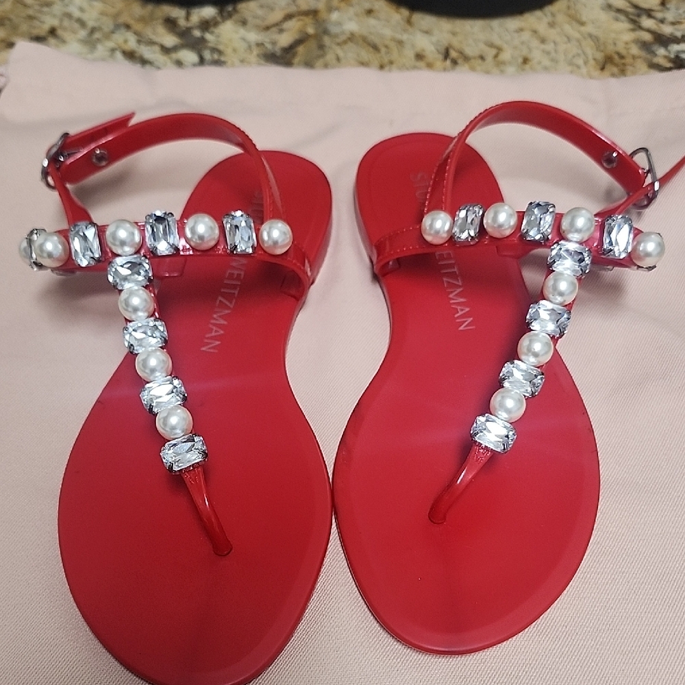 Stuart Weitzman Red Sandals with Pearl and Crystal Accents